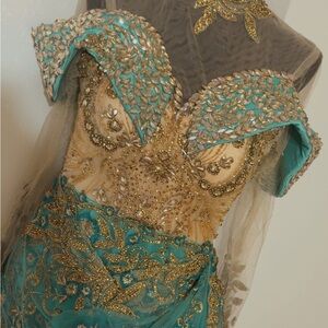 Elegant Gold and Teal Embellished Dress